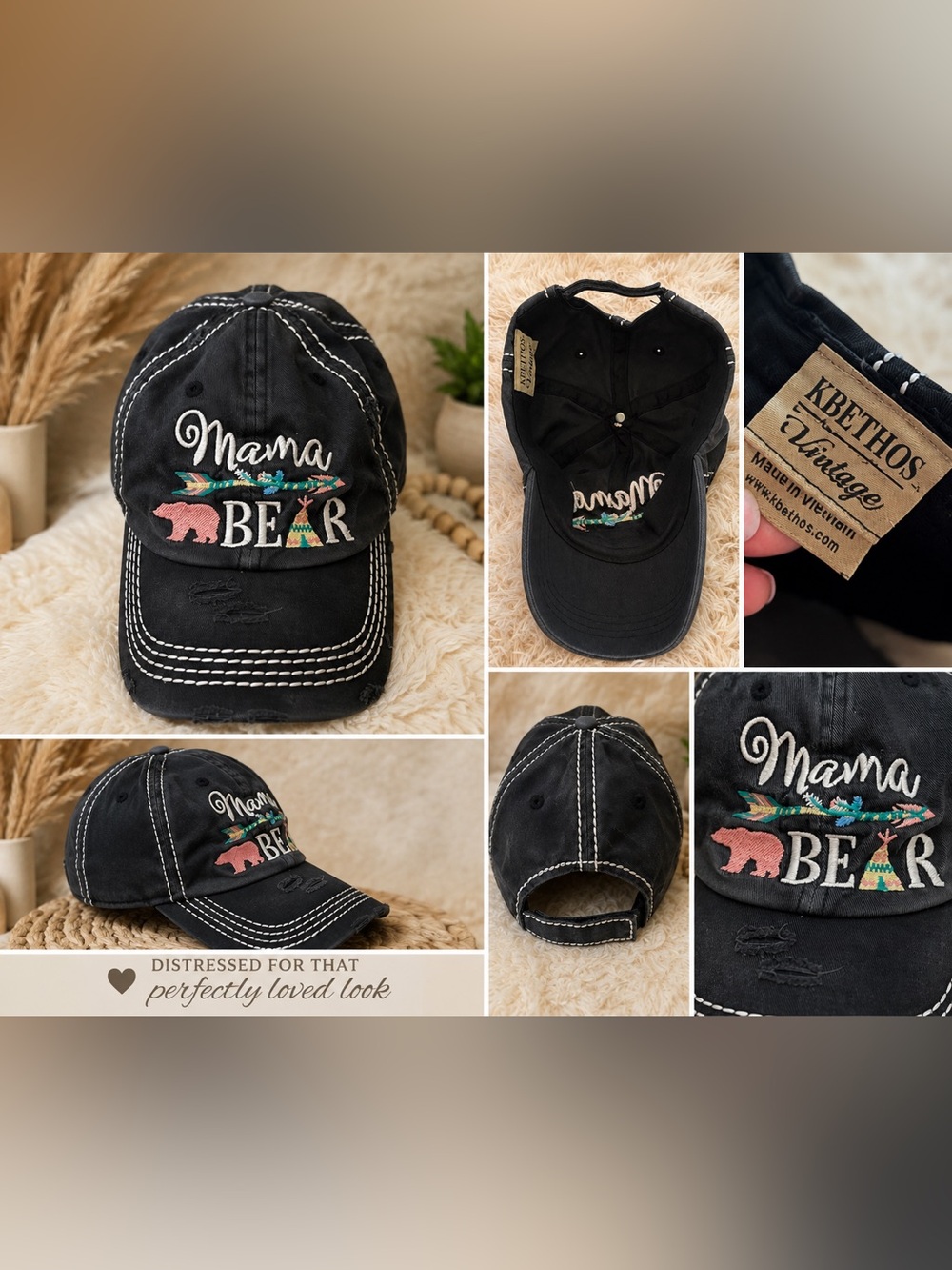 KBETHOS Black Mama Bear Embroidered Baseball Cap with Colorful Accents